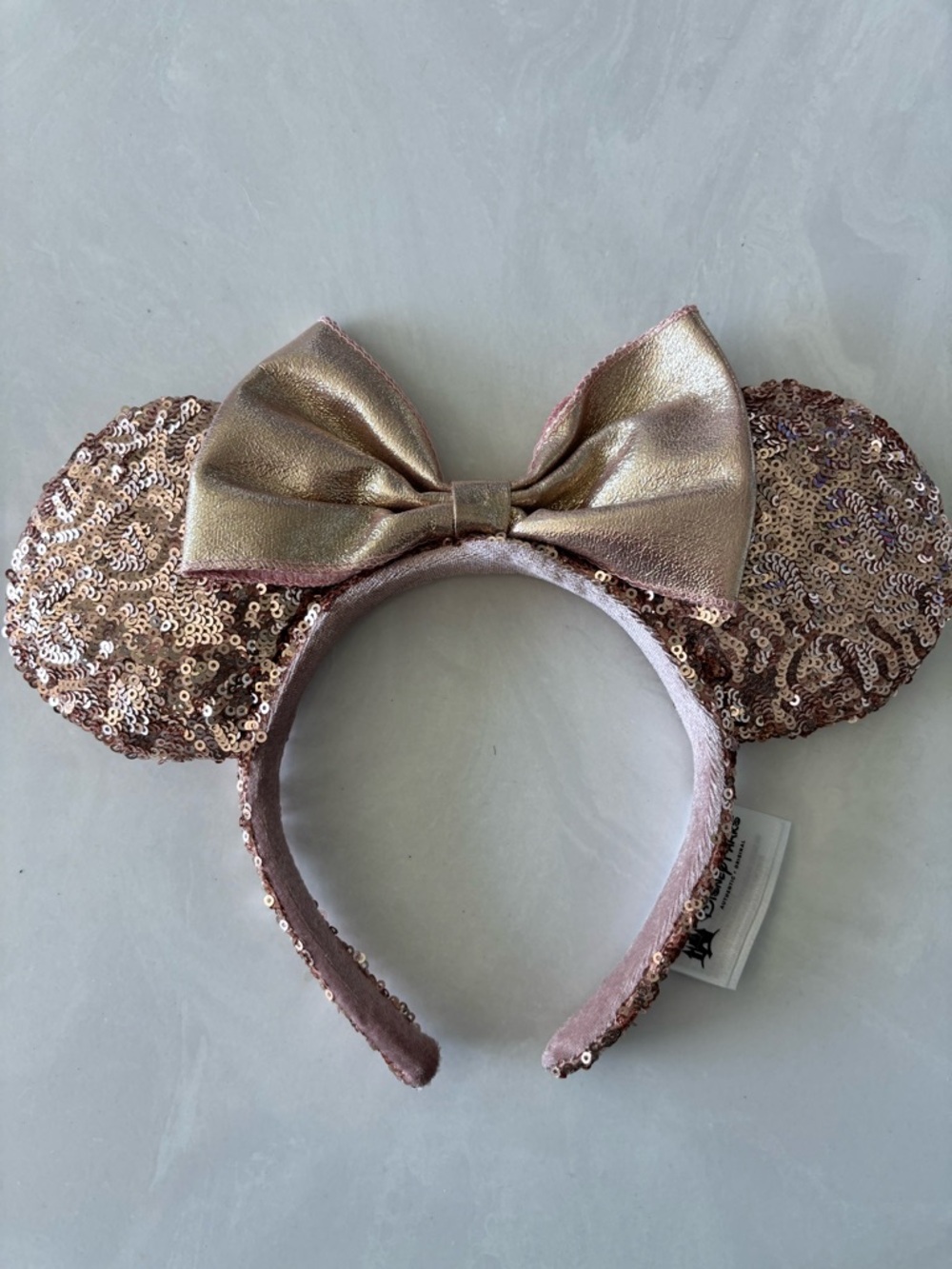 Disney Rose Gold Sequin Minnie Ear Headband with Shimmer Bow